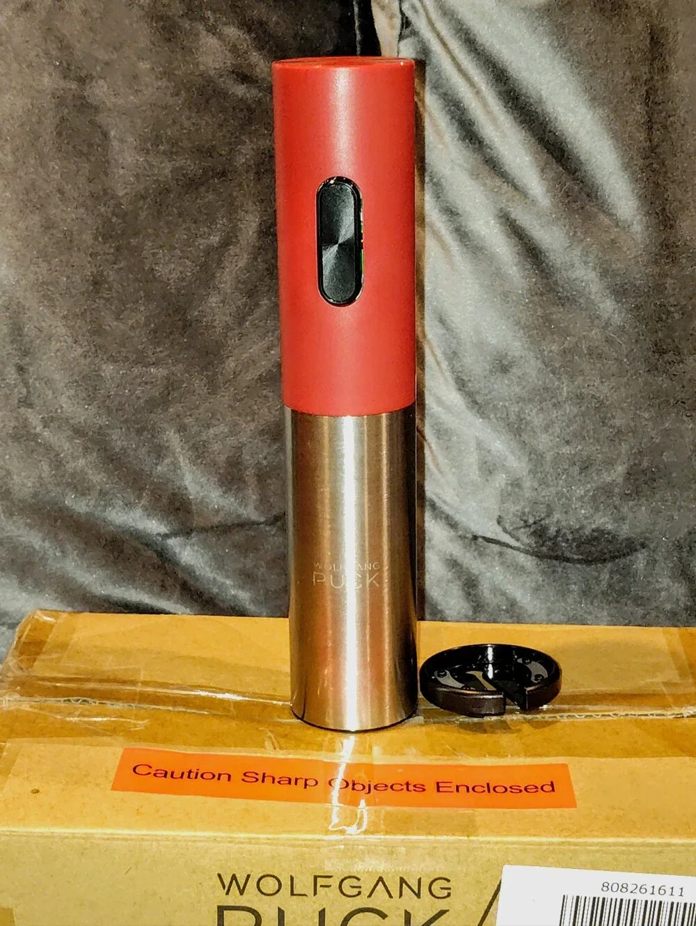 NEW WOLFGANG PUCK RED & STAINLESS STEEL ELECTRIC WINE BOTTLE CORK OPENER